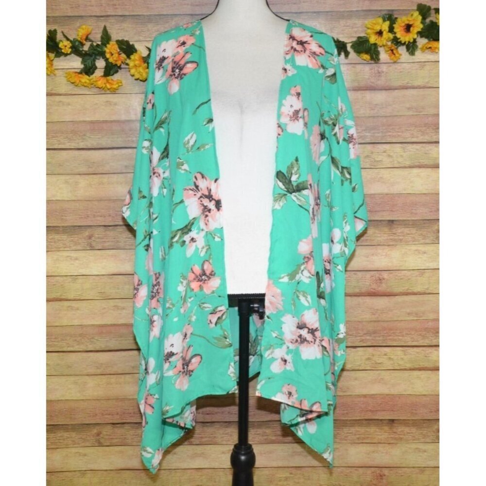 Eleven Oaks Mint Green & Pink Floral Open Front Poncho Cardigan Kimono Ladies M